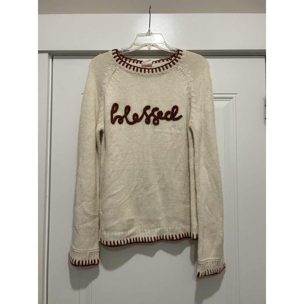 NWT Women’s Size Small Cream 'Blessed' Knit Crewneck Sweater Fall Thanksgiving